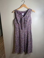 Ann Taylor LOFT Dress Womens 4 Purple Floral Sleeveless A-Line Tie Neck Midi 