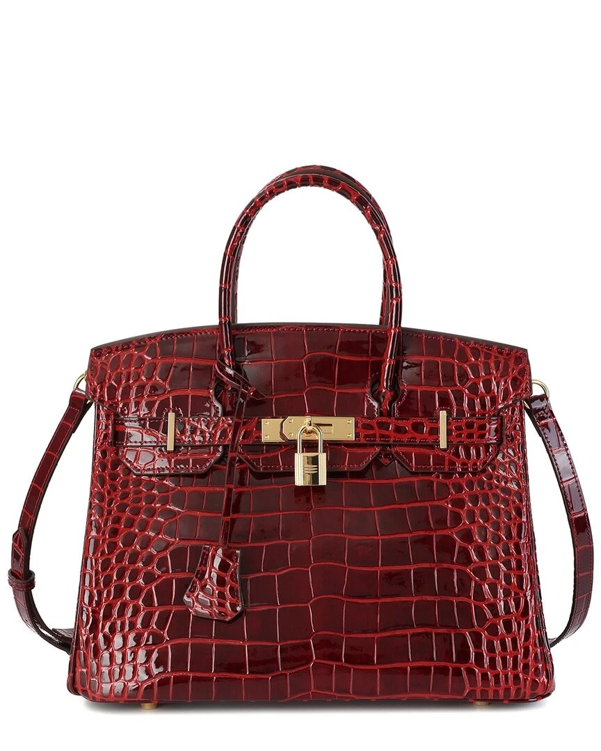 Tiffany & Fred Paris Large Croc-Embossed Leather Satchel Women's Red