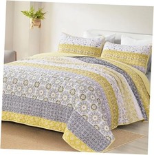 Boho Quilt Set Queen Bohemian Striped Patchwork Queen 96" 90" Yellow