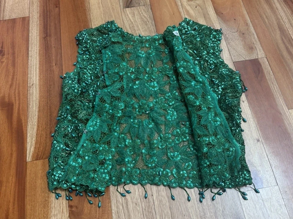 Chaleco vintage de los años 60 verde esmeralda con cuentas lentejuelas flecos con botones a presión talla 36 Foto 3 de 4