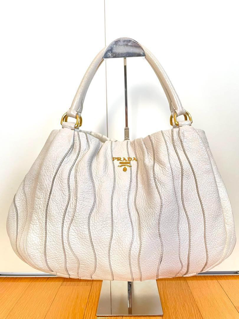 PRADA Hand Bag Leather White Gold Logo Hardware Tag PRADA Hand Bag Leather White Gold Logo Hardware Tag
