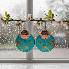 Copper Earrings Flora Fauna Bumblebee Hand Etched Verdigris Patina Dangle