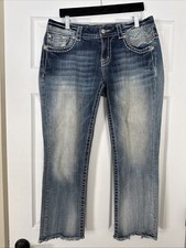 Miss Me Jeans Women's Mid-Rise Easy Cropped Blue  Pink Bling Sz 30 Distressed