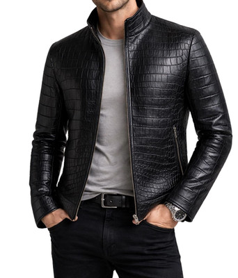 Men's Black Real Leather Jacket Crocodile Print Designer Zipper Biker Jacket