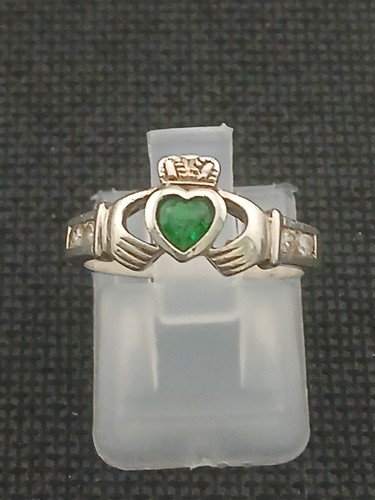 925 STERLING SILVER SOLVAR Ireland green clear stones CLADDAGH Ring size 4.5