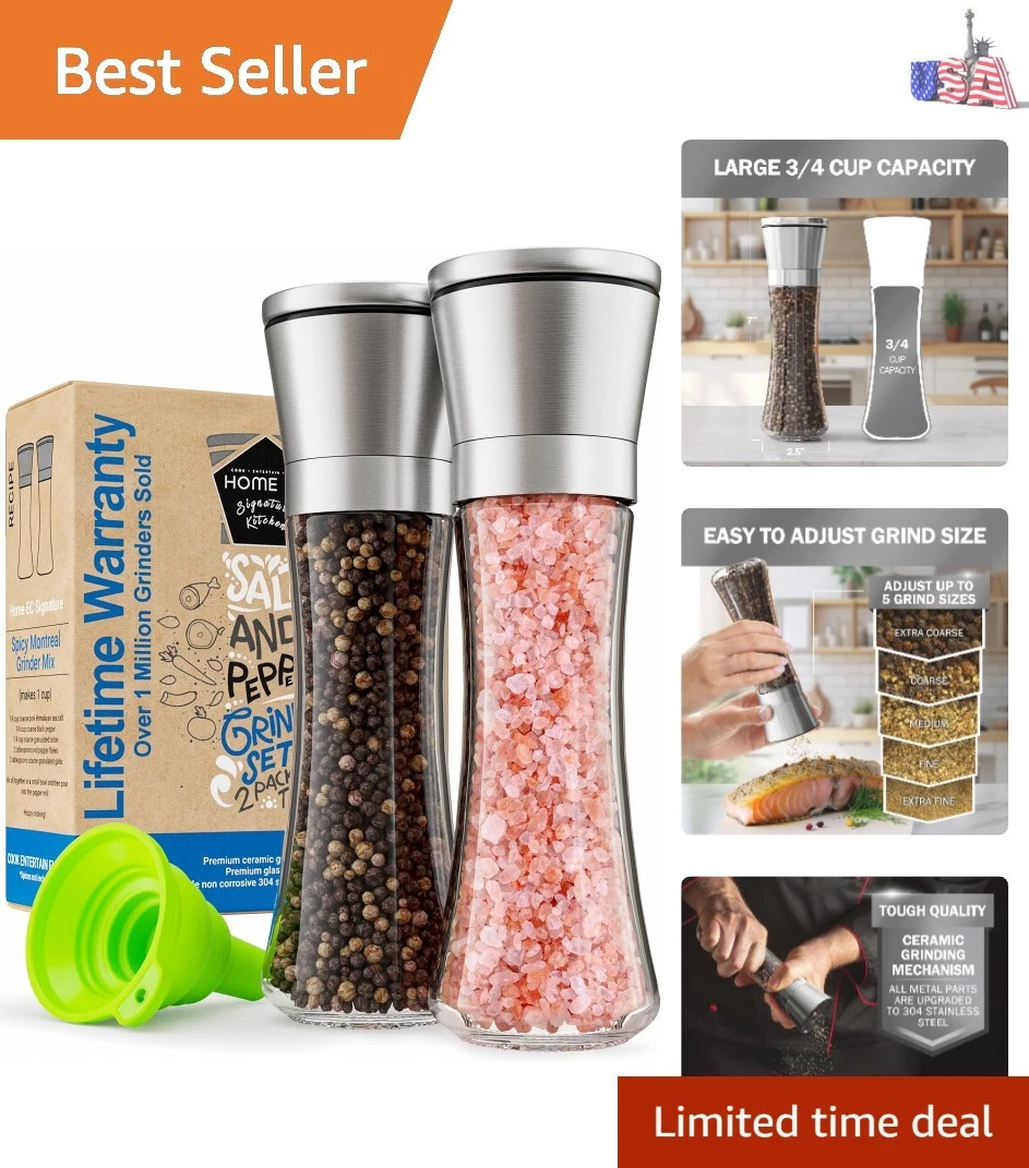 Stainless Steel Sea Salt and Pepper Grinder Set of 2 - Adjustable Ceramic - T...