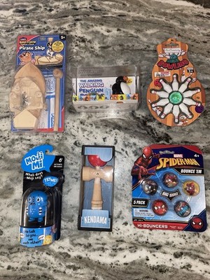 Vtg Toy Lot 6 NIB Spiderman Bouncy Ball Wood Ship Pooping Penguin Kendama Mojo