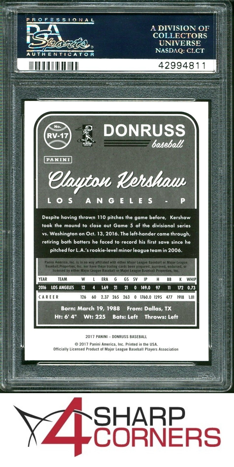 2017 PANINI DONRUSS RETRO VARIATIONS 1983 #RV-17 CLAYTON KERSHAW PSA 10 view 2