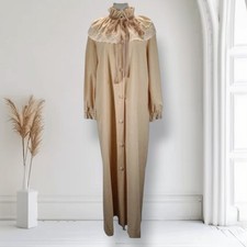 Vintage 70s Beige Velour Lace Collar Cottagecore Robe Duster Size L