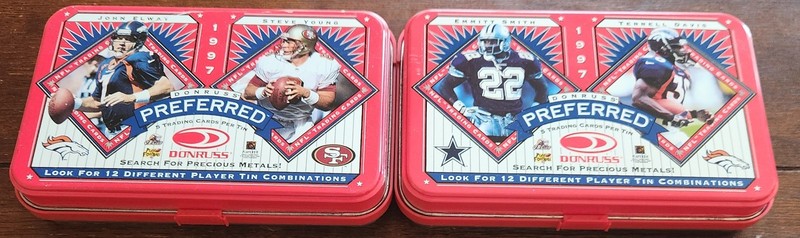 (2) 1997 DONRUSS PREFERRED FOOTBALL EMPTY TIN CANS ELWAY/YOUNG