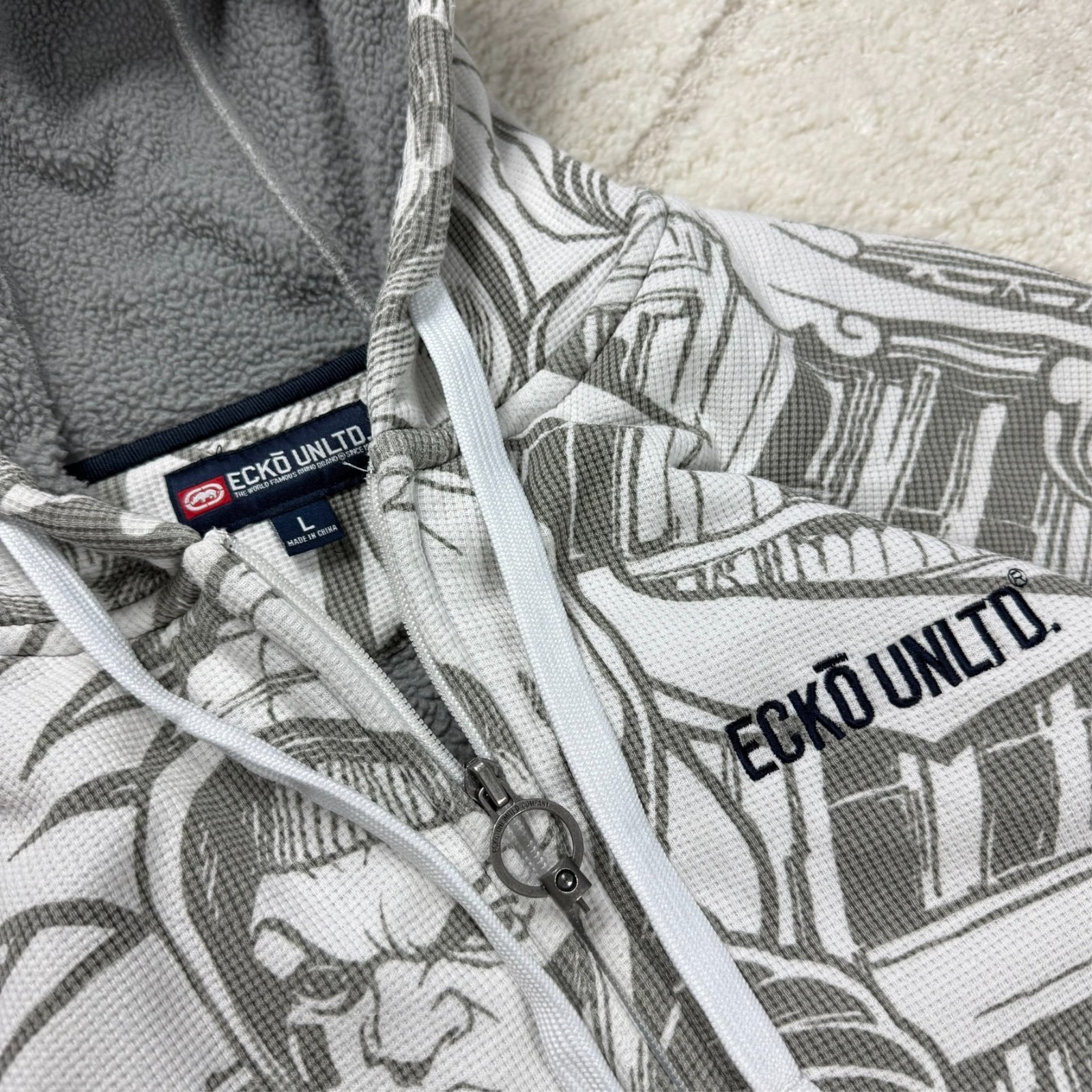 Vintage Ecko Untld 2000's Y2K White Full Zip Comic AOP Oversized Sz Large Hoodie image 5