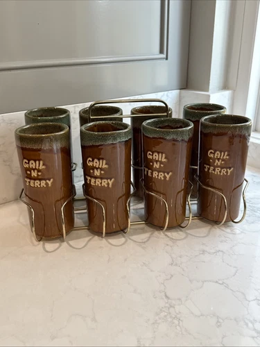 Set of 8 VAN BRIGGLE Art Pottery Brown Drip 6" Tumblers w/ Gold Tone Metal Caddy