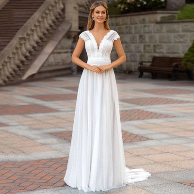 Summer Boho Wedding Dresses Lace Beach V Neck Ivory Wedding Gowns Back Out  Cap | eBay