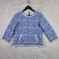 J Crew Womens Sz 4 Blue & White Geometric Quilted Pullover Boxy 3/4 Sleeve