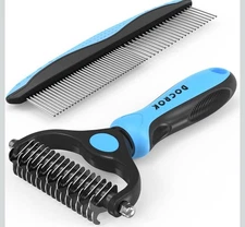 Pet Grooming Combo - Blue Deshedding Brush with Metal Comb for Detangling..