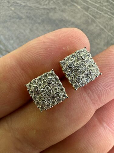 Iced Square Earrings Big 10mm Real 925 Silver 14k Gold Plated Studs Hip Hop Out - Picture 11 of 21