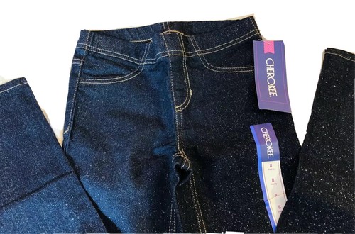 NWT Cherokee Girls Glitter Jeans Dark Rinse Skinny Pull on Faux Zipper Size 8 - Picture 9 of 10