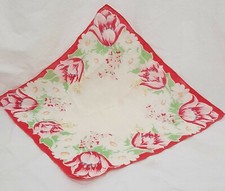 Vintage Handkerchief Red Tulips Flowers 12" Leaves White Daisies