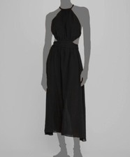 $466 Alice + Olivia Women's Black Linen Faith Open-Back Braided Trim Dress Sz 12