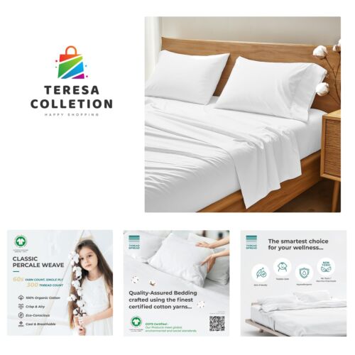 100% Organic Cotton Bed Sheet Set - Crisp and Cooling Percale Weave, Soft Bre...