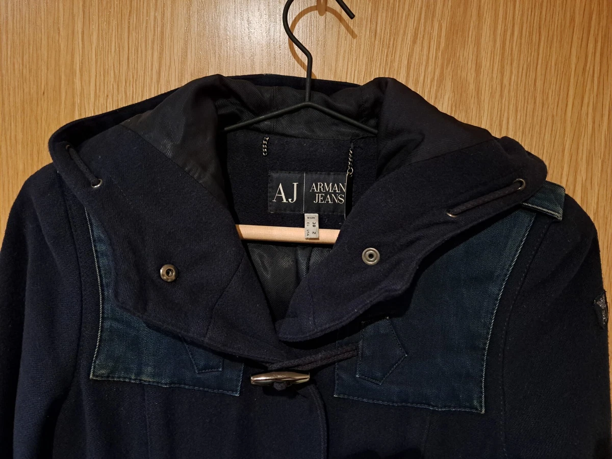 Women s Armani Jeans Duffle Coat With Hood Wool Denim Size EU 38 US 2