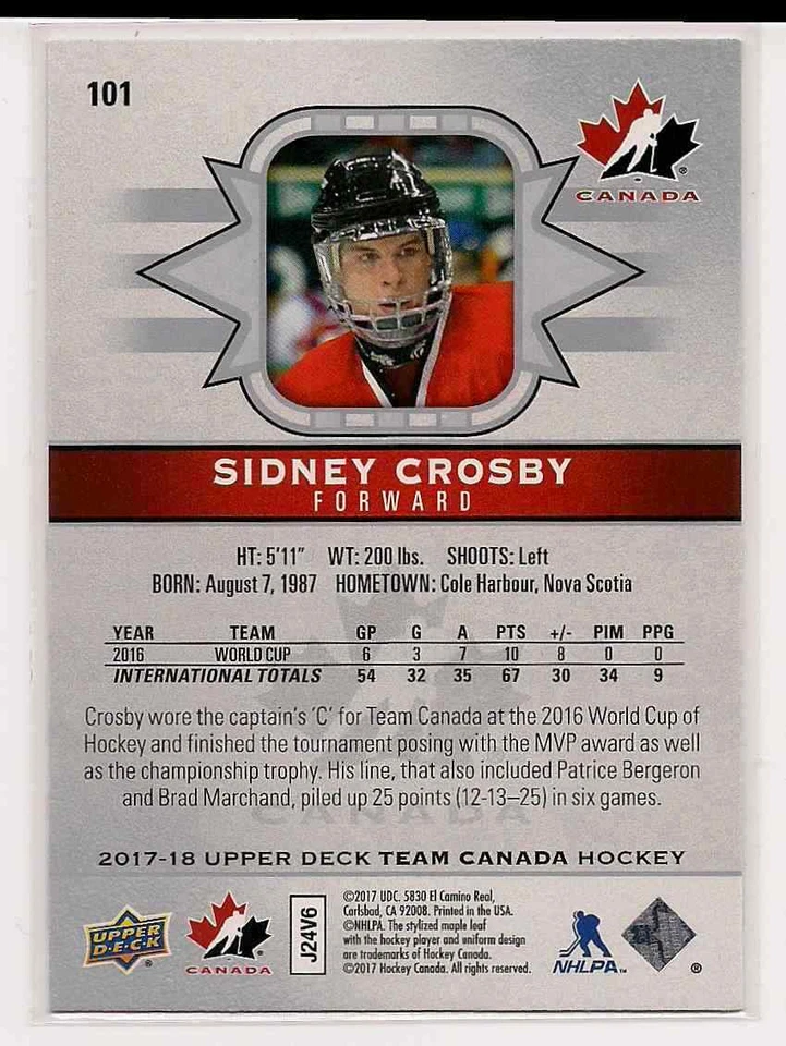 2017-18 Upper Deck Team Canada Sidney Crosby Team Canada #101 Short Print - Image 2 of 2