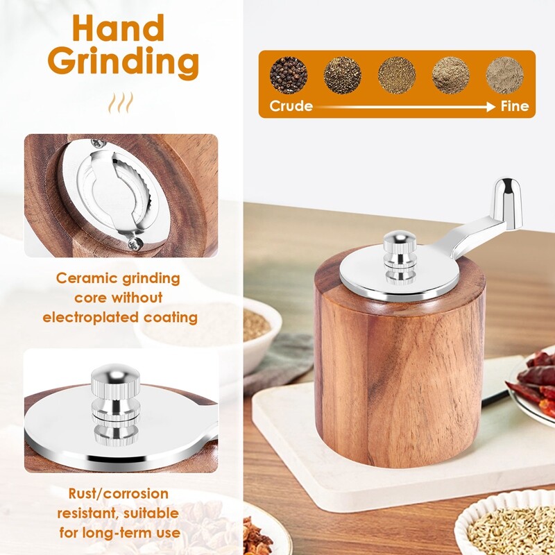 Pepper Mill, Hand Crank Wood Pepper Grinder with Classic Handle and5331