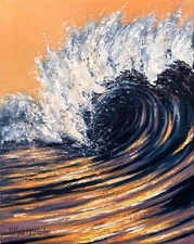 Original Wave Sunset Oil Painting Impasto Seascape Ocean Beach Sunset Wall Art