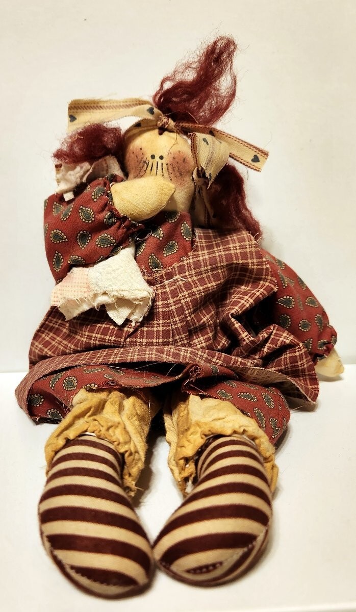 Handmade Rag Doll, Signed, Red Hair & clothes, Sucking Thumb and Holding Blankie