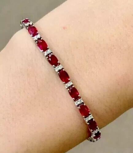 Lab Created Red Ruby 14K White Gold Plated Women's Tennis Bracelet 5Ct Oval Cut