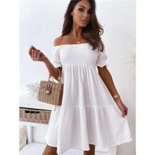 Womens Summer Ruffle Dress Ladies Off Shoulder Frill Mini Sundress Plus Size UK