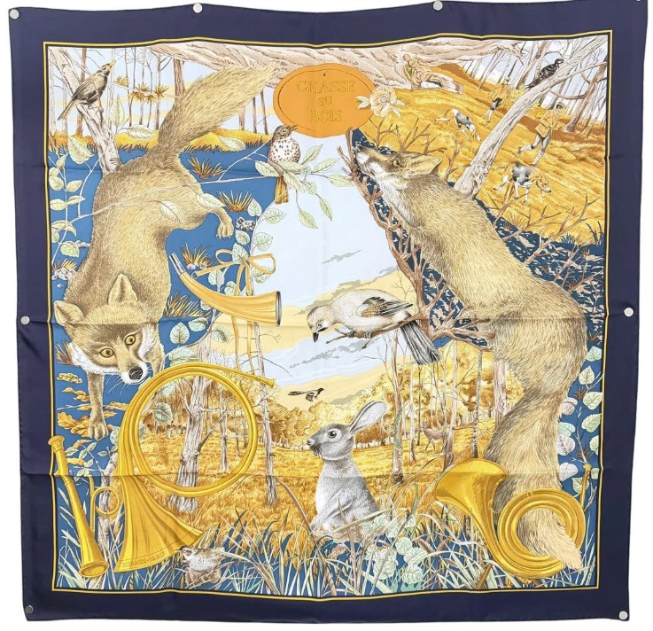 Hermes Carre 90 “Chasse au Bois” Silk Scarf Hunting Animal Fox Rabbit