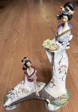 Vintage Chinoiserie Geishas On Bridge In Kimonos With Flowers & Swan