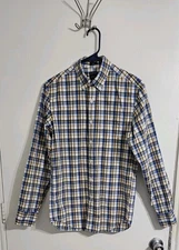 J Crew Flex Washed Shirt Size Small Slim Green Blue Plaid Long Sleeve Stretch 