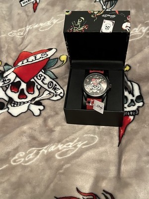 Ed Hardy Love Kills Slowly Skull Dial Red Silicone Strap Black Watch Face NIB