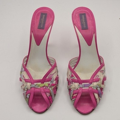 Emilio Pucci 37 EU 6.5 US Pink Leather Floral Kitten Heel Mules Made in Italy