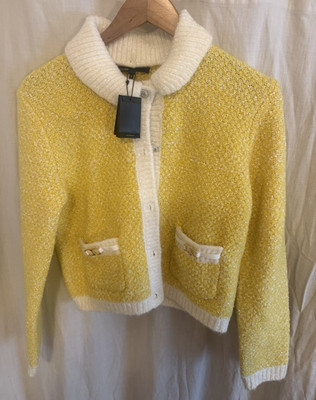 Maje Women s Yellow & White Knit Removable Collar Cardigan Sweater 2