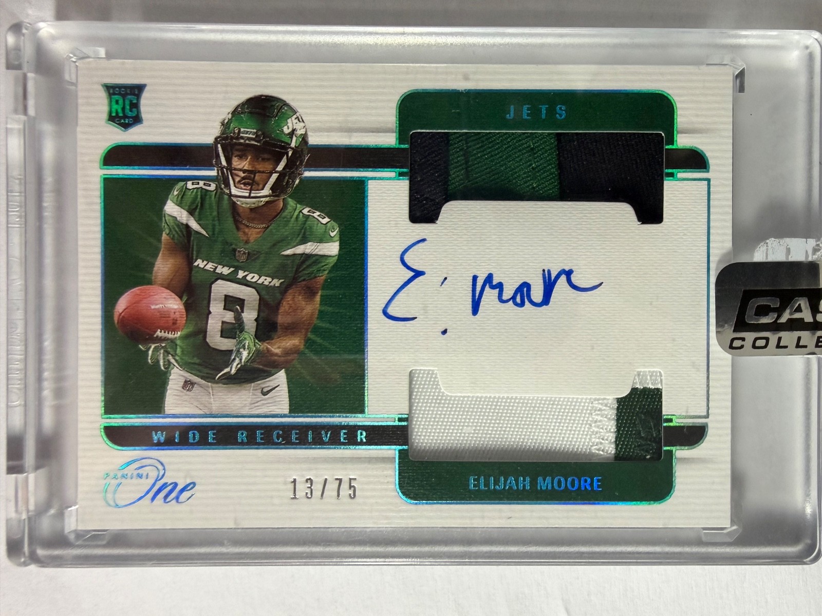 2021 Panini One Elijah Moore RPA Blue Rookie Dual Patch Auto RC /75 Jets