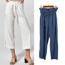Alp N Rock ANR+ Sidney Cropped Pant Blue Paperbag Waist Linen Wide Leg M