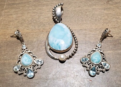Vintage .925 Sterling Silver Blue Larimar Aquamarine Pendant And Earings Set