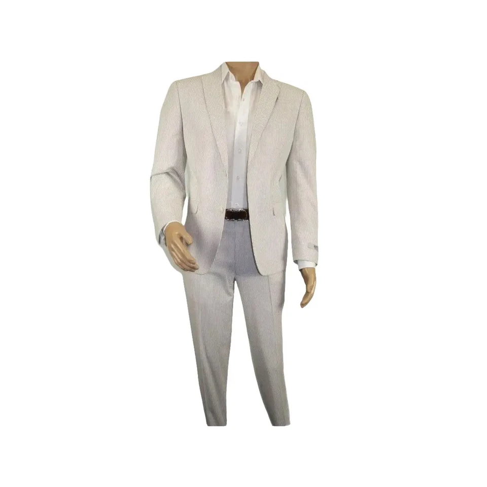 Traje Seersucker para Hombres de Adolfo a Rayas Informal Elegante Traje de Verano 2 Botones C624 Tostado Foto 4 de 4