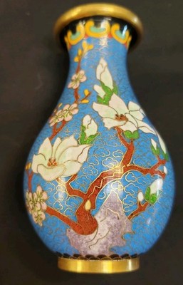 Vintage Chinese Cherry Blossom CLOISONNÉ Brass Vase With Stand 4.25 x 2'', GUC