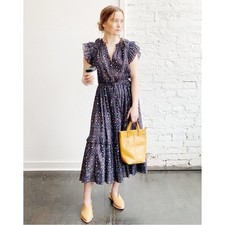 ULLA JOHNSON Linnea Navy Blue Metallic Print Tiered Tie Waist Midi Dress 8AU/4US