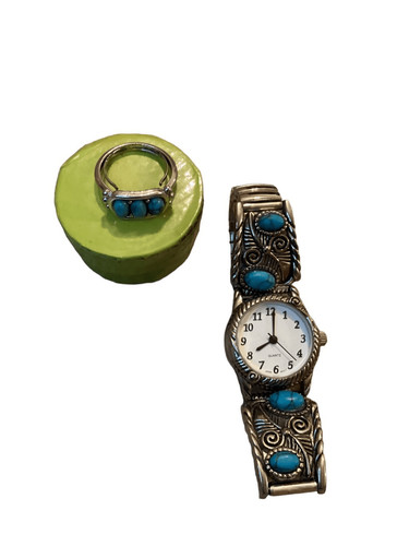Vintage 1970s Ring and Watch Set Silver Toned Metal with Faux Turquoise Japan