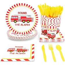144 Pieces Firefighter Party Decorations, Disposable Dinnerware Set with Fire...