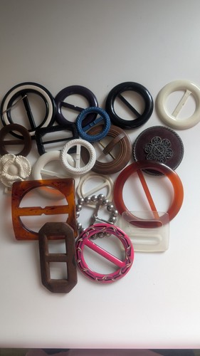Women's Vintage Lot of 19 Belt Buckles Scarf Slides Mixed Plastic Wood