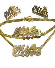 Personalized 14k Gold Overlay Name Necklace stud Earrings bracelet Set 3 pc set