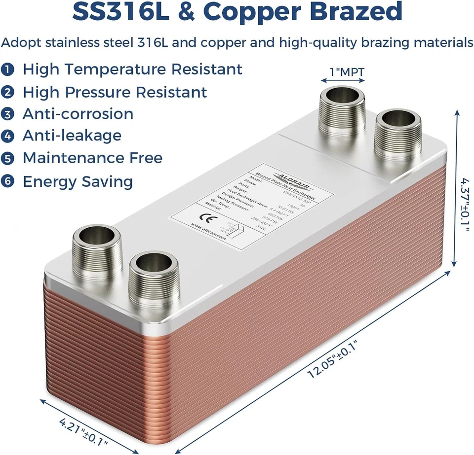 Паяный теплообменник Alorair 10-40 пластин 4 дюйма x 12 дюймов 316 л St. сталь вода в воду - Изображение 4 из 4