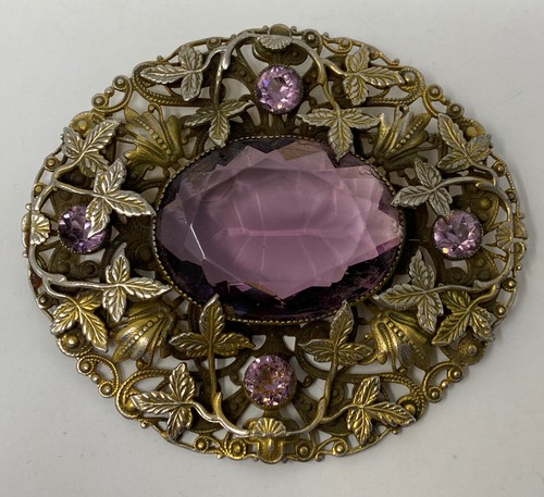 Vintage Antik Jugendstil Tschechischer Amethyst Kristall offene Rückseite große verzierte Brosche