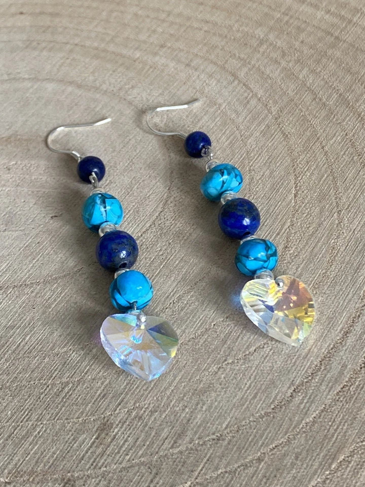 Natural Turquoise Lapis Lazuli Heart Drop Earrings Sterling Silver 925 Plated - Image 2 of 4